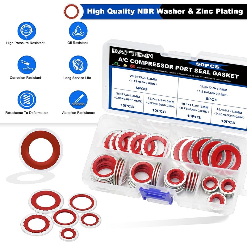 Daptemn 50PCS A/C O-Ring Assortment Kit, 6 Sizes Air Conditioning System Compressor Port Gasket Repairs Automotive Self-Centered Washer, Replace A/C Compressor Boned Seal Washer (ID: 8mm-17.5mm) (Red) - Image 4